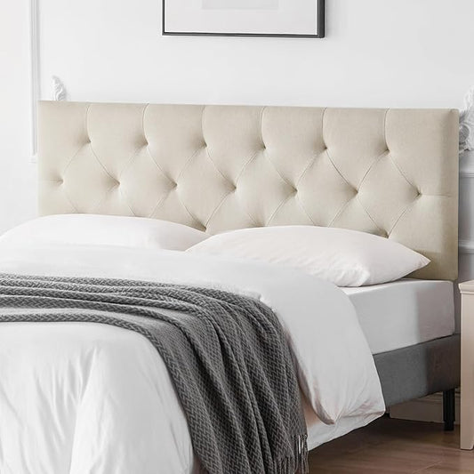 Linen Fabric Upholstered Headboard Queen Size, Modern Diamond Tufting Solid Wood Queen Headboard Only, Adjustable Height from 37” to 51” Head Board, Bed Frame or Wall Mount Headboards, Beige