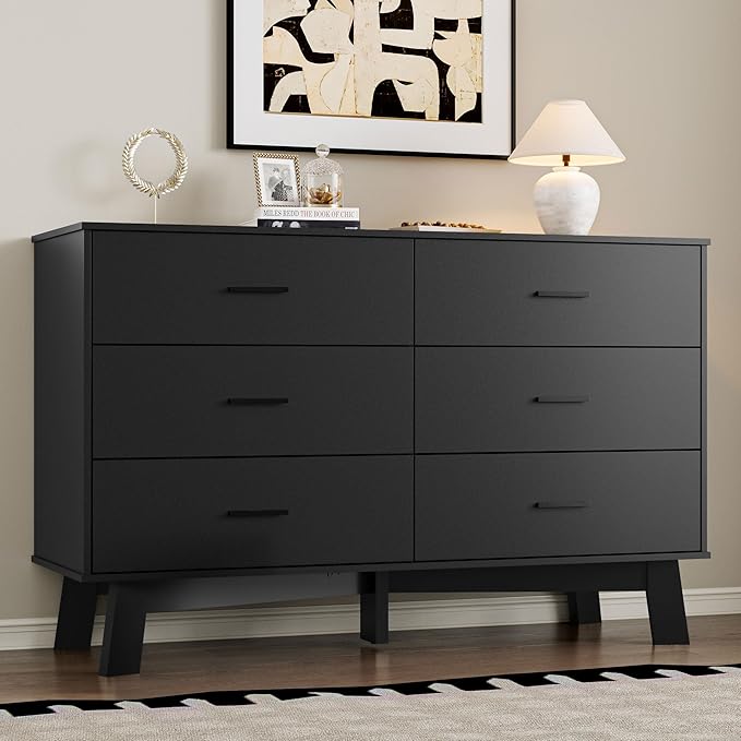Dresser for Bedroom with 6-Drawer, 47.2" Modern Chest of Drawers with Metal Handles, X-Shape Base & Adjustable Center Leg, Anti-Tip Closet Organizers and Storage