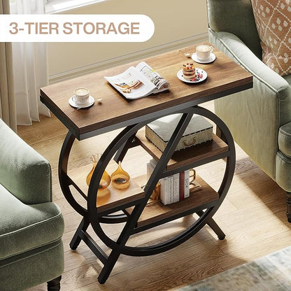 Tribesigns End Table Set of 2, 3-Tier Narrow Sofa Side Table with Storage for Living Room, Wood End Table with Geometric Metal Frame, Industrial Nightstand and Bedside Table for Bedroom, Light Brown