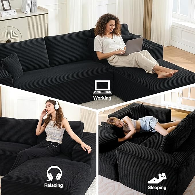Modular Sectional Cloud Couch for Living Room,Modern Boneless Couche Set with Plush Corduroy,Comfy Floor Sofa with Memory Foam,Stupendous U Shaped Sofa with Chaise,No Assembly Required,Black