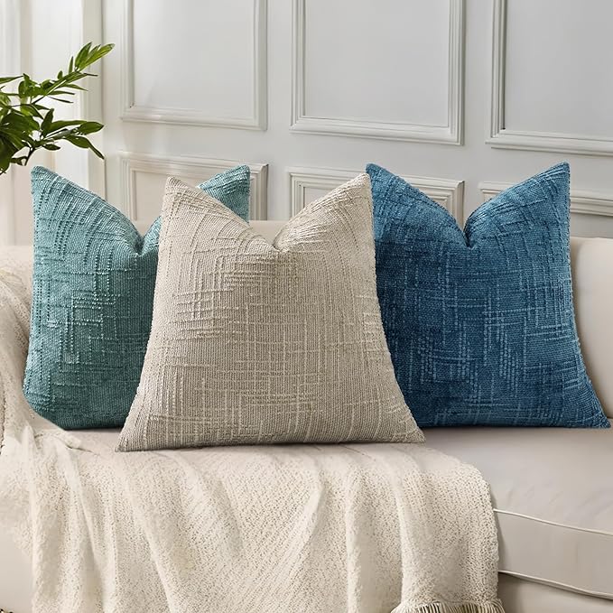 decorUhome Navy Blue Chenille Throw Pillow Covers 22x22 Set of 2 Thick Textured Slubby Couch Pillow Covers Farmhouse Accent Modern Neutral Decorative Pillow Cases for Bed Sofa Living Room