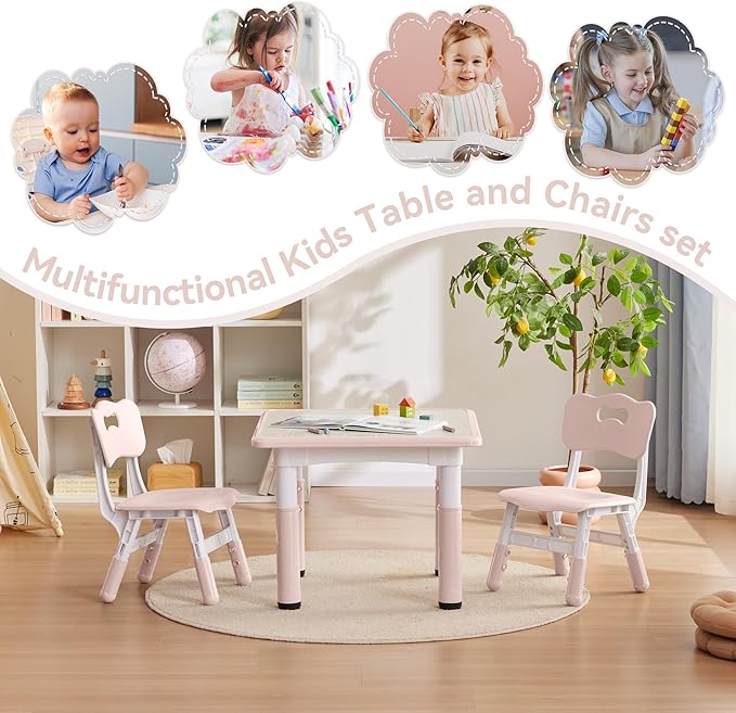 Kids Study Table and Chairs Set, Height Adjustable Toddler Table and Chair Set for Kids Ages 3-8, 23.6" L x 23.6" W Graffiti Desktop Plastic Children Art Table with 2 Seats, W-Pink