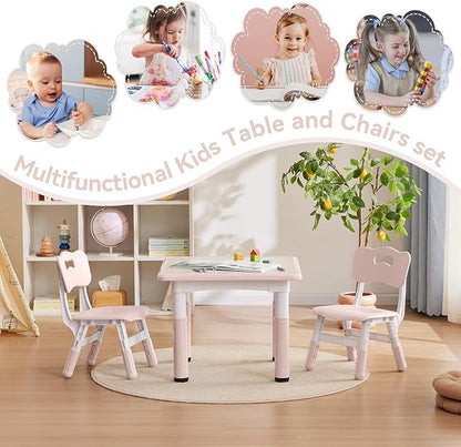 Kids Study Table and Chairs Set, Height Adjustable Toddler Table and Chair Set for Kids Ages 3-8, 23.6" L x 23.6" W Graffiti Desktop Plastic Children Art Table with 2 Seats, W-Pink