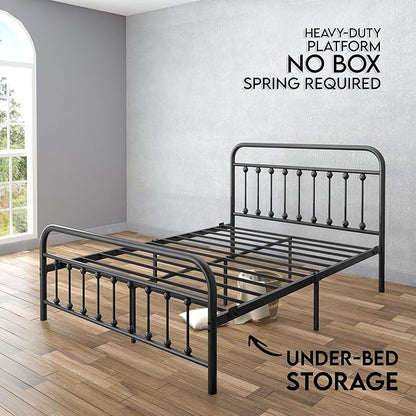 Golden Gate Beds Vintage Style King Size Metal Bed Frame with Wrought Iron Headboard and Footboard – Classic Platform Bed with 11" Storage Space, No Box Spring Required, Black Finish