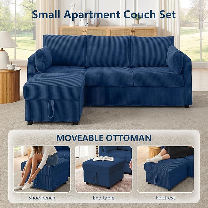 79" Small Couches with Storage Ottoman 3 Seat L Shaped Couch Sectional Sofa with Chaise Lounge for Apartment,Dorm,Bonus Room,Compact Spaces. (Blue, 3+OTT)