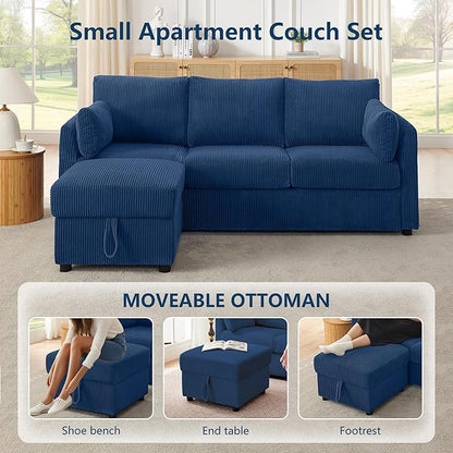 79" Small Couches with Storage Ottoman 3 Seat L Shaped Couch Sectional Sofa with Chaise Lounge for Apartment,Dorm,Bonus Room,Compact Spaces. (Blue, 3+OTT)