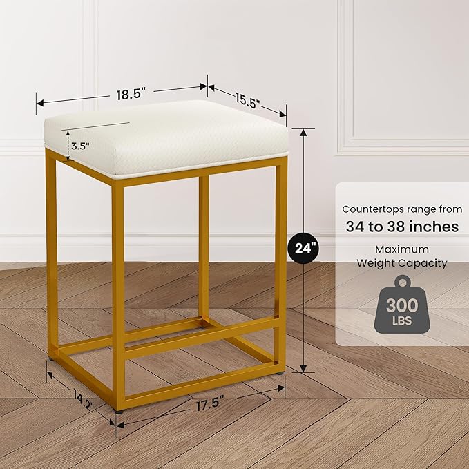 PHI VILLA Bar Stools Set of 3 - Thick Cushion Metal Steel Frame Base with Footrest Kitchen Stools, Gold Bar stools