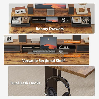 Agilestic 48 Inch Electric Standing Desk with Drawers, Adjustable Desk with Storage Shelf, Stand Up Home Office Computer Table, Splice Board, Rustic Brown