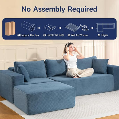 2025 New 108" Cloud Couch Sectional, Modular Sectional Sofa with L-Shaped Chaise, Deep Seat Sectional Modular Couch for Living Room, No Assembly Required (Blue, Chaise Ottoman)