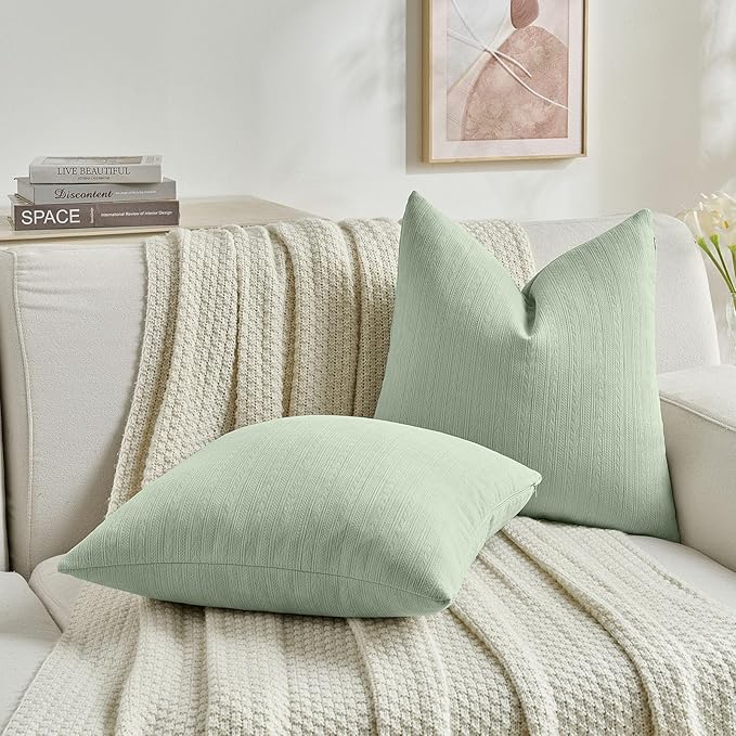 FUTEI Sage Green Decorative Throw Pillow Covers 22x22 Inch Set of 2,Soft Cozy Wheat Ear Striped Patterns Cushion Cases,Modern Home Decor for Couch Bed Living Room