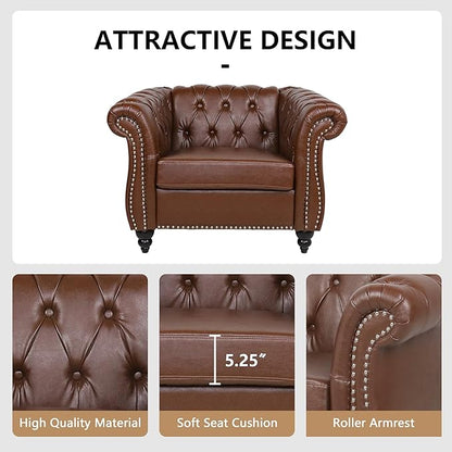 2 Piece Living Room Furniture Set, Faux Leather Loveseat and Chair Set, Mid Century Modern Upholstered Sofa Couch with Cushions, Vintage Comfy Tufted Chesterfield Couches for Bedroom, Office (Brown)