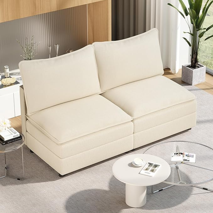 Vesgantti 74" Loveseat Sofa Without Armrest, Comfy Cloud Couch for Living Room Deep Seat Chenille Modern 2 Seater Small Sofa, Extra Seats for Modular Couch, Beige