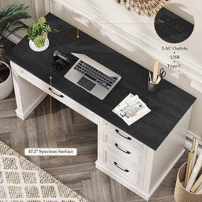 Farmhouse 47" Executive Desk, Computer Desk with Drawers and File Drawer, Workstation Computer Desk with Charging Station for Home Office, Study,Black.