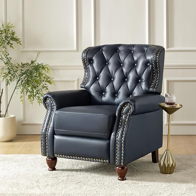 HULALA HOME Genuine Leather Recliner Chair with Solid Wood Feet, Modern Adjustable Tufted Push Back Arm Chair w/Rivet Decoration, Home Theater Seating Single Reclining Sofa for Living Room, Navy