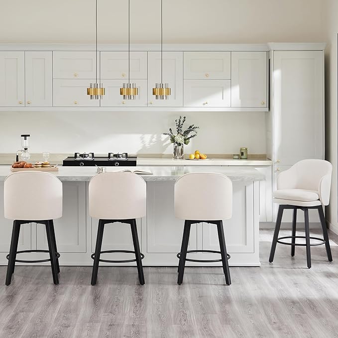 Counter Height Barstools 26 inch Upholstered Swivel Bar Stools with Back and Wood Legs for Kitchen Island,Set of 4,Beige Fabric