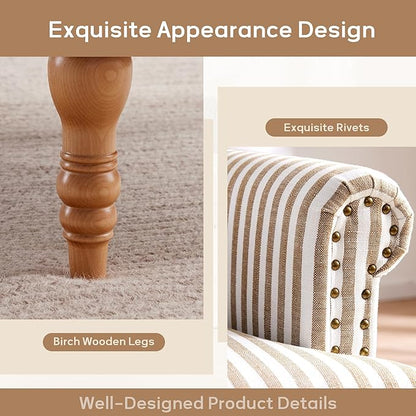 HUIMO Linen Fabric Accent Chairs Set of 2, Mid-Century Modern Armchair with Solid Wood Legs, Single Sofa Chair,Upholstered Reading Club Chair (2, Brown and White Stripe)