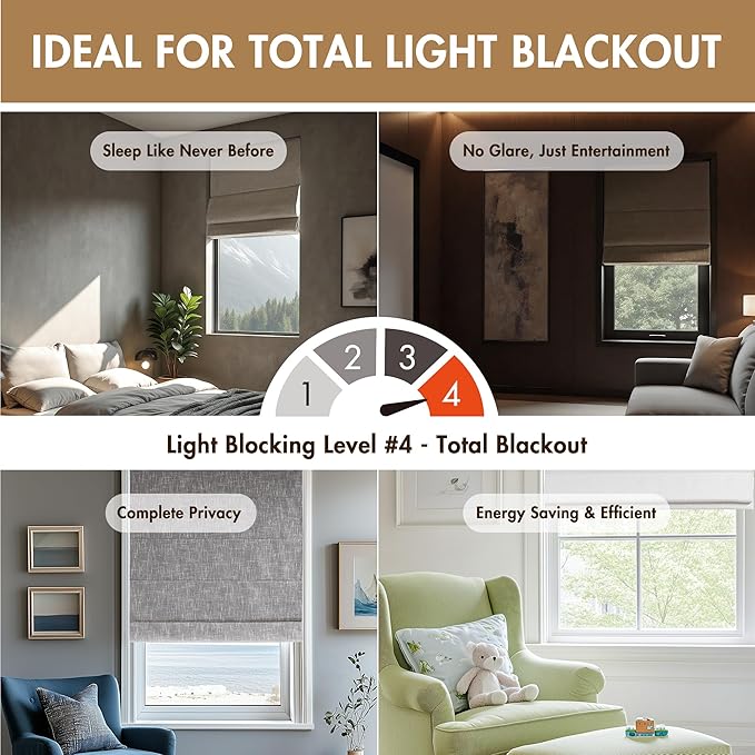 Madison Park Cordless Roman Shades, Total Blackout Window Blind Privacy Window Shades, Thermal Insulated Cordless Window Treatment for Bedroom, Living Room, Quincy, Single Panel 27" W X 64" H Grey