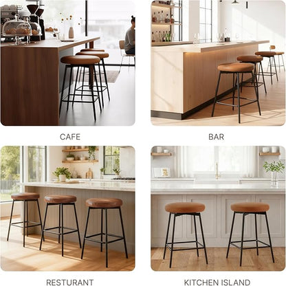 Swivel Bar Stools Set of 4, 24" Counter Height Bar Stool, Backless Barstools with Faux Leather Upholstered Seat&Sturdy Wood Legs for Kitchen Island, Black