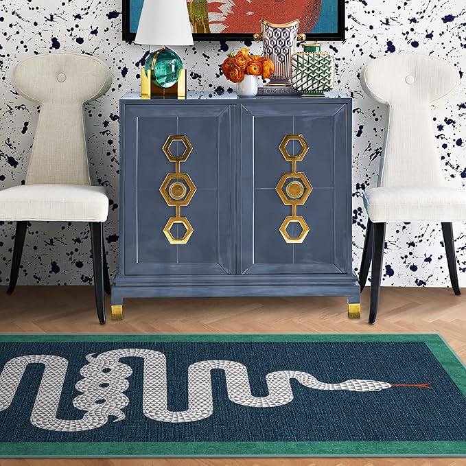 RUGGABLE x Jonathan Adler Machine Washable Modern Area Rug – Venom Sapphire 6 ft Round, Stain-Resistant, Non-Slip – Medium Rugs for Living Room, Bedroom, Hallway, Entryway & Office–with Cushioned Pad