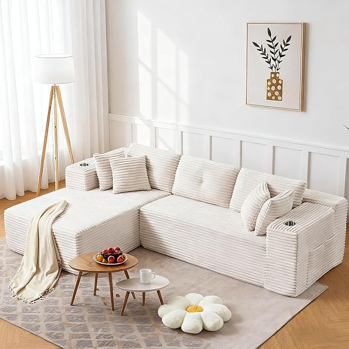 Modular Sectional Sofa, L Shaped Comfy Cloud Couch with Deep Seat, Boneless Couch for Living Room, Modern Sectional Sleeper with Chaise, No Assembly Required, Sofa in A Box, Beige Corduroy