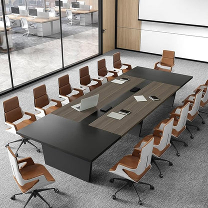 Modern Conference Table with Cable Management, Thickened Top & Trapezoidal Legs – Office Meeting Table for Executive Workspaces (Oak+Gray, 138" L
