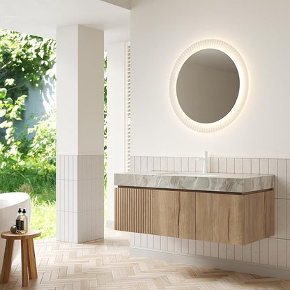 48 Inch Floating Bathroom Vanity with Sink, Wall-Mounted Bathroom Vanity with Drawer and 2 Doors, Light Gray Sintered Stone Countertop and Ceramic Basin, Pre-Assembled, White Oak Woodgrain