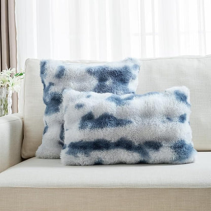 FUTEI Blue White Decorative Throw Pillow Covers 24x24 Inch Set of 2,Soft Fuzzy Faux Rabbit Fur European Cushion Covers with Raised Texture,Neutral Boho Home Decor for Couch Bed Living Room