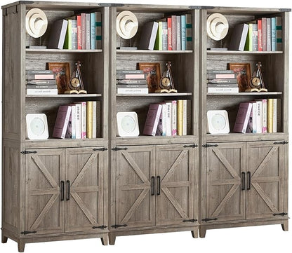 5 Tier Bookshelf 70in Tall Bookcase with Barn Doors and Storage Cabinet, Grey Farmhouse Book Shelf with Adjustable Shelves, Wood Freestanding Display Bookshelves for Bedroom, Kitchen (3 PCS)