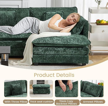 112" Modular Sectional Sofa with Movable Ottoman, L Shaped Couches for Living Room, 3 Seater Comfy Cloud Couch with Removable Cover, Armrest Pillow (Green)