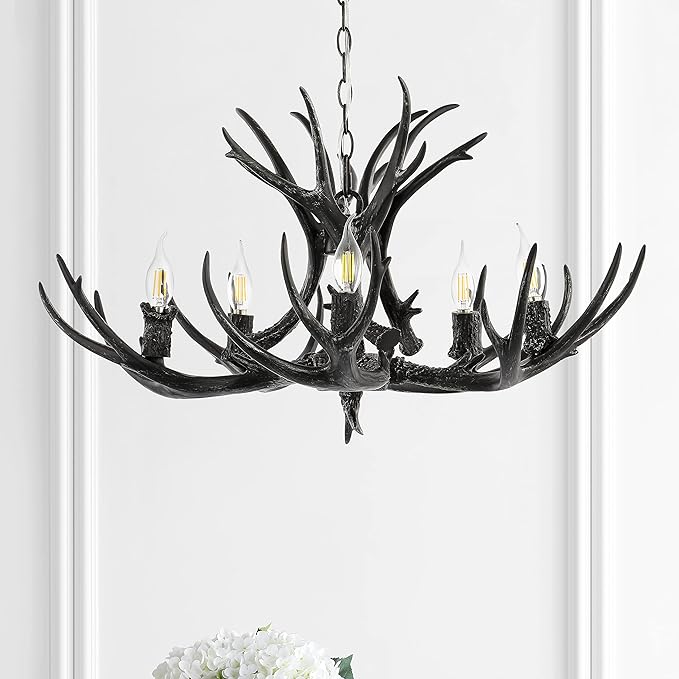 JONATHAN Y JYL6300C Eldora 30" Adjustable Resin Antler 5-Light LED Chandelier, Glam, Rustic,Cottage,Transitional, Dimmable Dining Room, Living Room, Kitchen, Foyer, Bedroom, Black