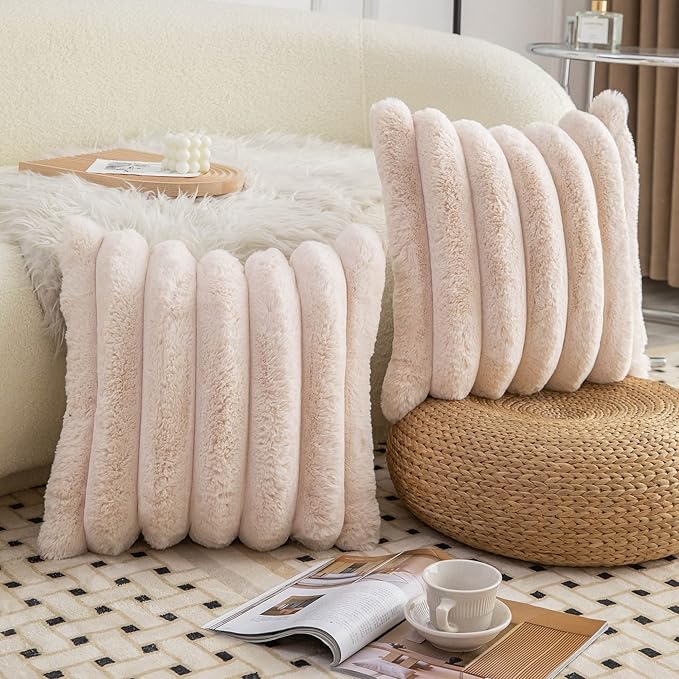 Neelvin Beige Faux Fur Cozy Soft Striped Decorative Throw Pillow Covers 12x20 inch Set of 2,Velvet Pillowcase Cushion Case for Sofa Couch