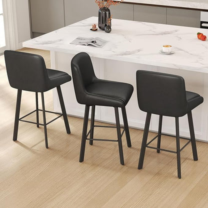 Swivel Bar Stools, 26''H Upholstered Barstools with Backs, Modern Counter Height Bar Stool Chairs for Kitchen Island, Metal Legs (Black- Faux Leather, Set of 6-26" H)