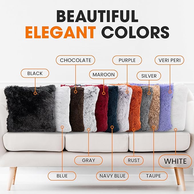 Cheer Collection Throw Pillows for Couch and Bed, Soft Shaggy Throw Pillows with Inserts Included, Cozy Long Hair Faux Fur Pillows - Set of 2-26" x 26" White