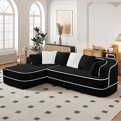 Cloud Sectional Sofa Modern Boneless Couch for Living Room, Comfy Deep Seat Comfy Teddy Fabric Double Sofa Chaise No Assembly Required (Black, 106" L Shape with Left Facing)
