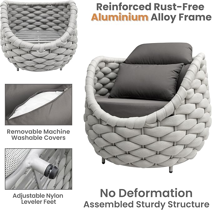 6 Pieces Rope Patio Furniture Set: Aluminum Outdoor Couch Set Cushioned - Assembled Conversation Sofa Set Modern - Metal Porch Seating for 7 Person - All Weather for Deck Garden Poolside Hotel