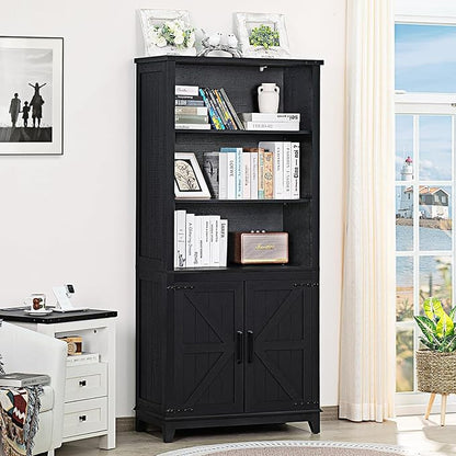 70in Tall Bookshelf 5 Tier Bookcase with Barn Doors and Adjustable Shelves, Black Farmhouse Book Shelf with Storage Cabinet, Wood Freestanding Display Bookshelves for Bedroom, Kitchen (3PCS)