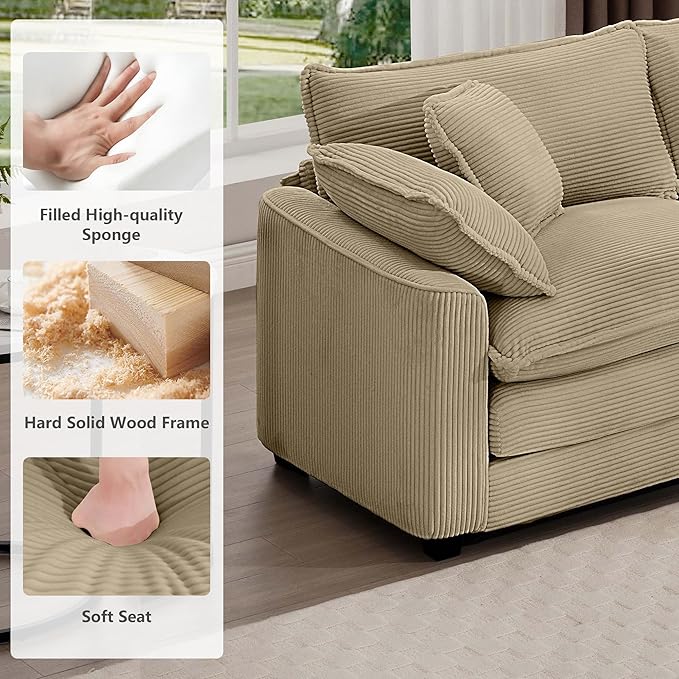 mikibama Luxury 2 Piece Sofa Set, 3-Seater & Loveseat Couch Set, Modern Corduroy Comfy Cloud Couches Set for Living Room Office with 4 Armrest Pillows and 5 Toss Pillows, Camel