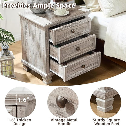 Farmhouse Nightstand with 3 Drawers, Rustic Couch End Table with 4 Square Solid Wood Legs, Mid-Century Vintage Bed Side Table with Storage, Small Dresser for Bedroom, Living Room, Grey