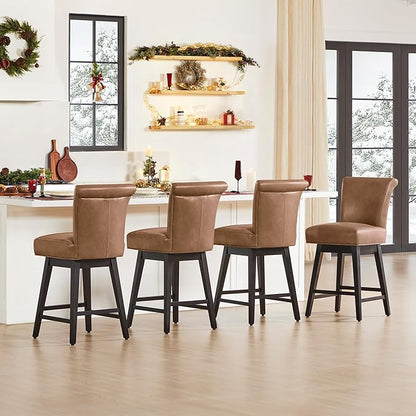 CHITA 26 Inch Counter Height Swivel Bar Stools Set of 4, FSC Certified Modern Upholstered Faux Leather Swivel Barstool Chair with Back, Saddle Brown