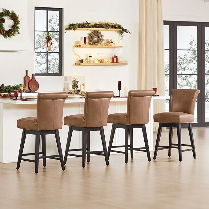 CHITA 26 Inch Counter Height Swivel Bar Stools Set of 2, FSC Certified Modern Upholstered Faux Leather Swivel Barstool Chair with Back, Saddle Brown