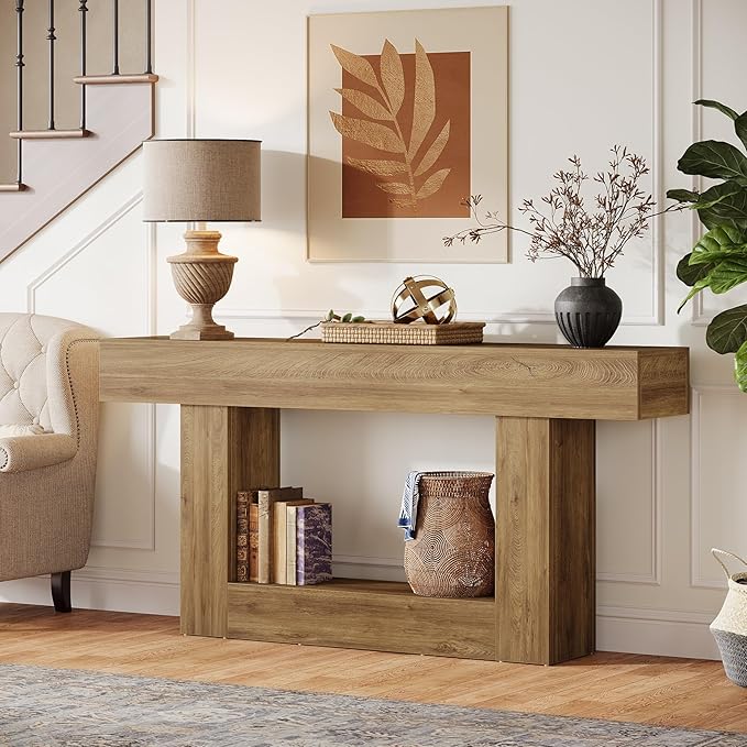 Tribesigns 63-Inch Long Console Table, 2-Tier Entryway Table Sofa Table with Storage, Farmhouse Wood Behind Couch Table for Living Room, Hallway, Light Brown