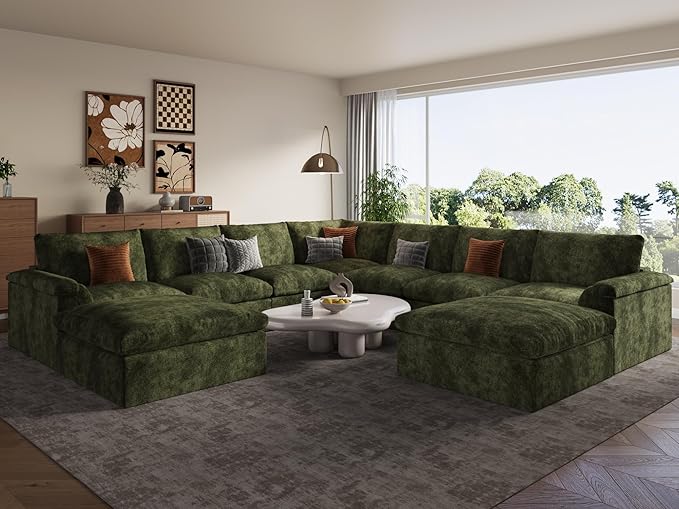 EASE MOOSE Oversized Sectional Cloud Couch, 9-Seat Modular Boneless Sofa Set with Deep Seat, No-Assembly Chenille Sofa for Living Room, Green