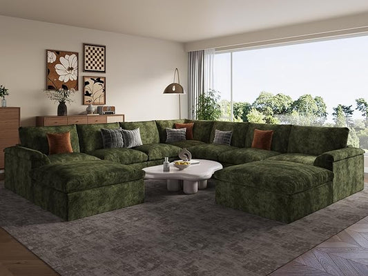 EASE MOOSE Oversized Sectional Cloud Couch, 9-Seat Modular Boneless Sofa Set with Deep Seat, No-Assembly Chenille Sofa for Living Room, Green