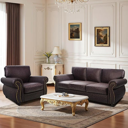 Mid-Century Vintage Sofa Couches with Rivet Design,3-Seater Sofa,Removable Sofa Cover Upholstered Cushions and Solid Wood Frame (Brown, 3-Seater)