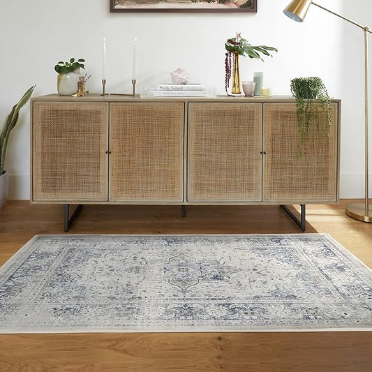 RUGGABLE Washable Vintage Area Rug – Sarrah Blue Quartz 3x5, Stain-Resistant, Non-Slip – Small Machine Washable Rugs for Living Room, Bedroom, Hallway, Entryway & Office–with Standard Pad