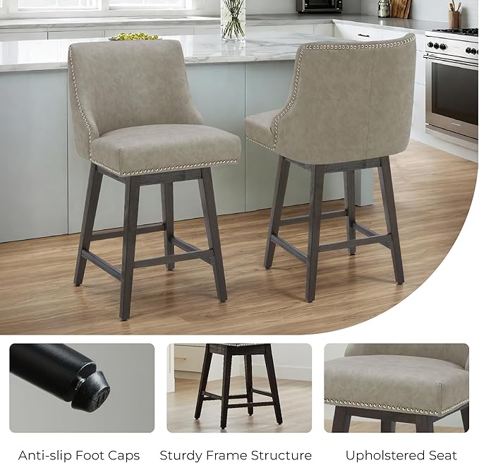 CHITA Counter Height Swivel Bar Stools Set of 3, FSC Certified Upholstered Counter Stools, Modern Swivel Barstools with Wood Legs for Kitchen Island, 26" Seat Height, Faux Leather in Stone Grey