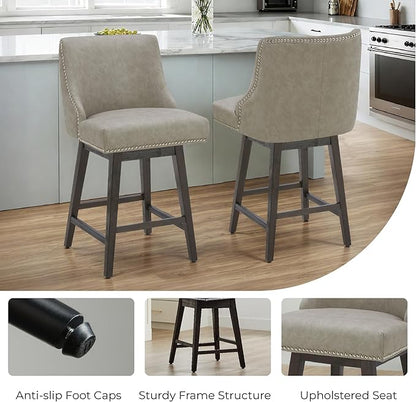 CHITA Counter Height Swivel Bar Stools Set of 3, FSC Certified Upholstered Counter Stools, Modern Swivel Barstools with Wood Legs for Kitchen Island, 26" Seat Height, Faux Leather in Stone Grey