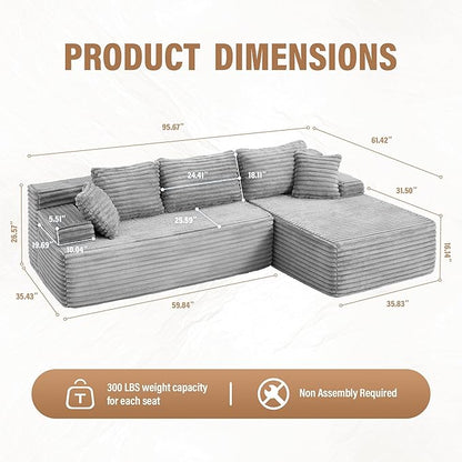 Hobestluk Modular Sectional Couch Sofa,96" Boneless Couches for Living Room, Memory Foam Sectional Couch with Oversized Chaise,L-Shape Couches (Grey, Right Facing)