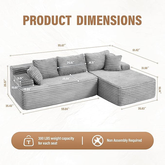 Hobestluk Modular Sectional Couch Sofa,96" Boneless Couches for Living Room, Memory Foam Sectional Couch with Oversized Chaise,L-Shape Couches (Grey, Right Facing)