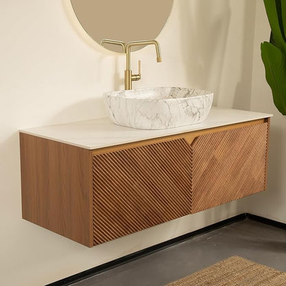 48 Inch Bathroom Vanity with Sink, Floating Fluted Vanity with Vessel Sink, Modern Wall Mounted Bathroom Vanity Cabinet with 2 Doors, Oval Marble Vessel Ceramic Sink & Sintered Stone Top, Oak